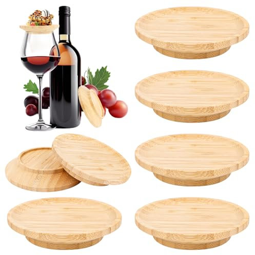 AKONE Weinglas Topper Holz, 6 Stück Wine Glass Charcuterie Topper, 10cm Rund Holz Weinglas Aufsatz Vorspeisentelle, Weingläser Topper für Desserts, Getränke, Familienessen, Partyzubehör