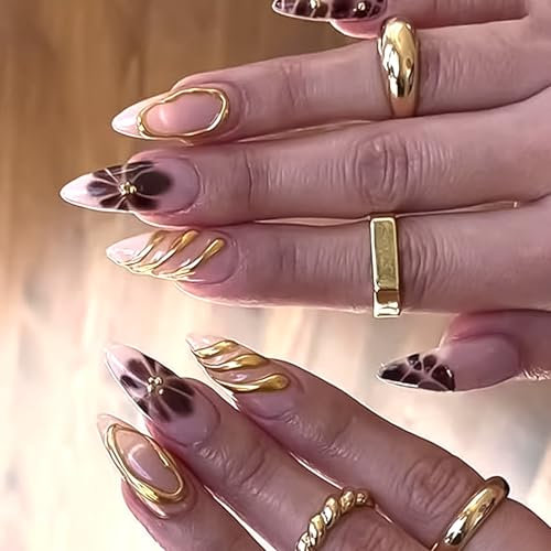 Almond Nails Press on Nails Stiletto Nail Tips 3D Gold Flower Texture Handmade Acrylic False Nails with Glue Long-Lasting Flexible Fit Durable Medium to Long Size Easy DIY 24PCS