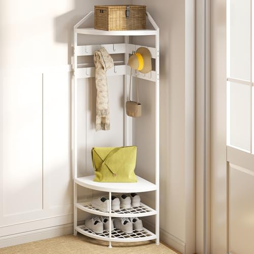 YORKING 4-Tier Metal Corner Coat Stand with Wooden Shelf, Freestanding Coat Rack with Shoe Rack and 10 Movable Hooks, Space-Saving Design for Hallway, Bedroom & Entryway, 71 * 50 * 181CM