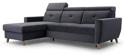 FurniShop24 Ecksofa mit Schlaffunktion und praktischem Bettkasten - Schlafsofa L Form 231x170 cm mit verstellbaren Kopfstützen und Sofamitschlaffunktion, Eckcouch Sally Dunkelgrau