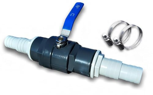 TS-TRADES Wartungshahn Massive Ausführung aus PVC m. Edelstahlgriff und 2X Edelstahl Schlauchschellen für Schlauch Ø 32 / 38mm - Pool Absperrhahn Absperrventil Kugelhahn