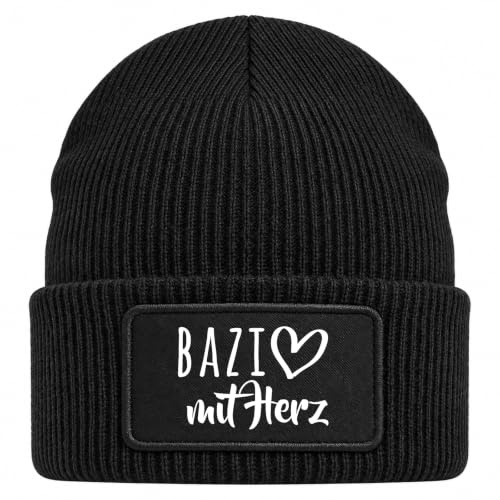 Huuraa Beanie Bazi mit Herz Geschenk | Black Geschenkidee Schwarze Rippstrick Wintermütze mit austauschbarem Klett Patch