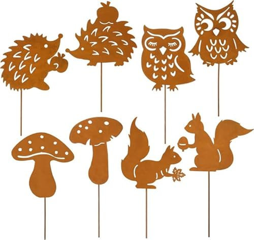 Nilioyul 8 Stück Rost Gartenstecker für Herbstdeko Draußen, Rost Vogel Gartendeko mit Eichhörnchen Igel Eule Pilze, Beidseitig Roststecker Edelrost Metall für Blumentopf Terrasse