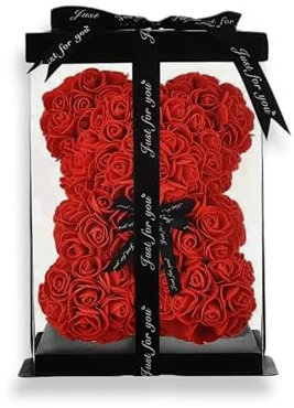 PACKEO Rosenbär 25 cm mit Geschenkbox – Bär aus Kunstrosen/Schaumrosen Freundin, Valentinstag, Muttertag, Geburtstag, Dekoration, handgemacht (Dunkelrot)