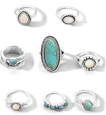 XFSRG 8 Stück Türkis Ringe Damen Retro Stil Ring Set Modisch und Individuell für den Alltag Partys und Musikfestivals