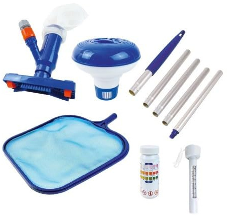 Happy People Poolpflegeset bestehend aus: Dosierschwimmer, Kescher, Thermometer, Unterwasser-Bodensauger, 5-teilige Alustange, 1 Dose Teststreifen 3in1