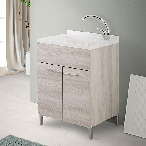 Mobile Lavatoio 60x60 Cm Con Vasca In Resina E 2 Ante Rovere Grigio - Completo Di Asse Lavapanni E Kit Di Scarico -Mobile Lavanderia Da Interno Già Assemblato