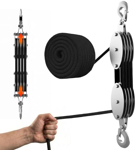 Flaschenzug Mit Seilbremse, Schwerlast Flaschenzug mit 400kg Kapazität, 20m Nylonseil und 270° Drehbarem Haken, Seilzug-Flaschenzugsystem für Schwerlast Heben, Garage, Lager, Jagd und DIY