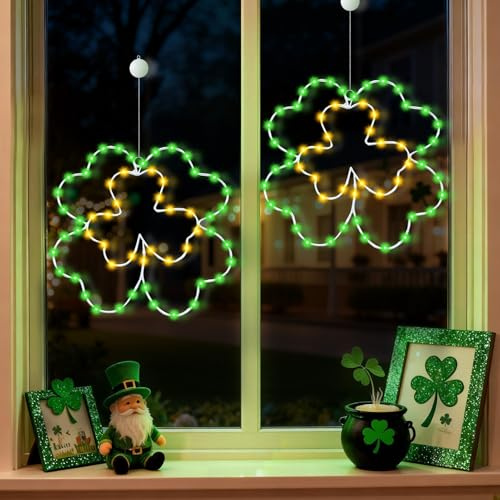 Frühlingsdeko LED Fenster Licht, 2er Frühling Deko LED Lichterkette mit Timer, St. Patrick's Day Dekor Fensterbeleuchtung Deko Frühling Kleeblatt Wichtel Fensterdeko mit Saugnapf für Fenster (B)