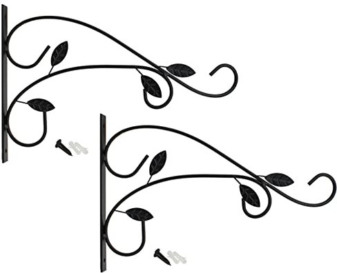 com-four® 2x Wandhalterung aus pulverbeschichteten Stahl, Haken für Blumentopf, Garten, Windspiele, Blumenampelhalter, mit Schrauben und Dübel (2 Stück - Blätter)