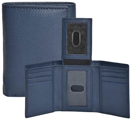 Portefeuille à trois volets en cuir véritable pour homme avec blocage RFID et poche avant minimaliste – Fin et élégant avec fenêtre pour carte d'identité dans une boîte cadeau, bleu, Trois volets