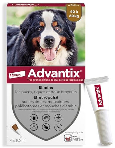 Advantix Très Grand Chien entre 40 et 60 kg – Pipettes pour chien contre 6 parasites – Traitement et protection pour votre chien pendant 4 semaines – 4 x 6,0 ml