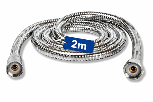 Shower Hose 2m - Stainless Steel Hose with Washers - Flexible Extra Long Shower Pipe Anti Kink - Easy to Install Universal Replacement with Standard Fitting