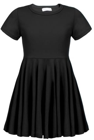 trudge Girls Summer Swing Dress A-line Short-Sleeved Cotton Solid Color Princess T-Shirt Dresses Basic Fattern Skater Dress 10-11 Years Black