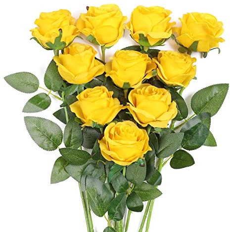 JUSTOYOU 10 PCS Gelbe Rosen Künstlich Rose Kunstseidenblumen Rosen mit Stielen DIY Hochzeit Blumensträuße Blumenstrauß Home Office Hochzeitsarrangements(Gelb)