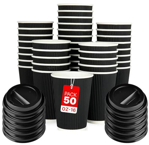 Zuvo [50 Pack Takeaway Coffee Cups with Lids | Disposable Insulated Triple Wall Ripple Kraft Paper Coffee Cups for Takeaway Coffee, Tea or hot Liquids | Pack of 50 (16 Oz.)
