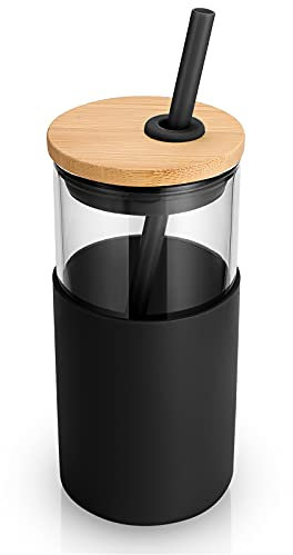 Tronco Glasbecher mit Strohhalm und Bambusdeckel, wiederverwendbar, Smoothie-Becher, Becher mit Silikon-Schutzhülle, BPA-frei, 473 ml