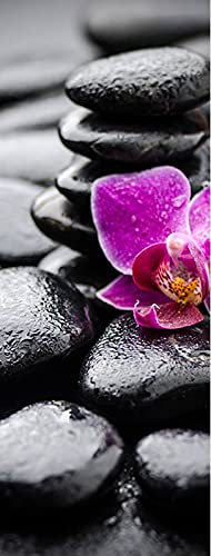 A.Monamour Sticker Porte Autocollant Poster De Porte 3D Orchidée Rose avec Cailloux Pierres De Spa Noires Zen Vinyle Affiche De Porte Sticker Mural Papier Peint Art Décor 95 x 215 cm