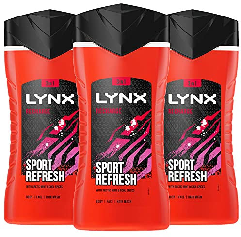 Lynx Recharge Shower Gel 3 in 1 Sport Refresh with Arctic Mint & Cool Spices Body Wash with Plant-based Moisturisers - 3 X 225ml