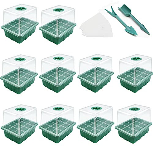 MQFORU Bandejas Semilleros, 10Pcs 120 Agujeros Bandejas Semilleros de Germinacion Mini Invernadero Bandejas de Cultivo Germinación con Tapas Transparentes/Ventana Ajustable,para Cultivo de Semillas