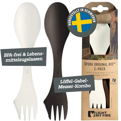 Light My Fire Spork Original - Fourchette Cuillère de Camping - Couvert de Camping 3-en-1 - Couteau et Fourchette-Cuillère réutilisables - Couvert Multi Fonction sans BPA - Lot de 2, Cocoa/Cream
