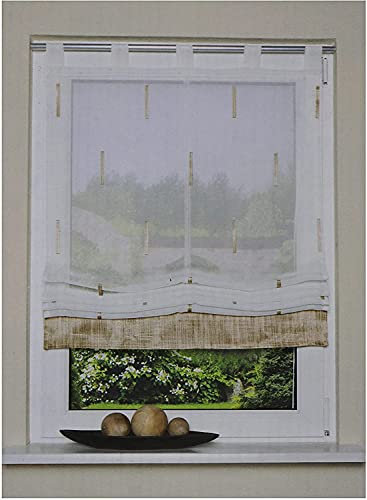 Schlaufenrollo Raffrollo mit Zugschnur Bändchenrollo H x B 140 x 100 cm halbtransparent weiß-beige
