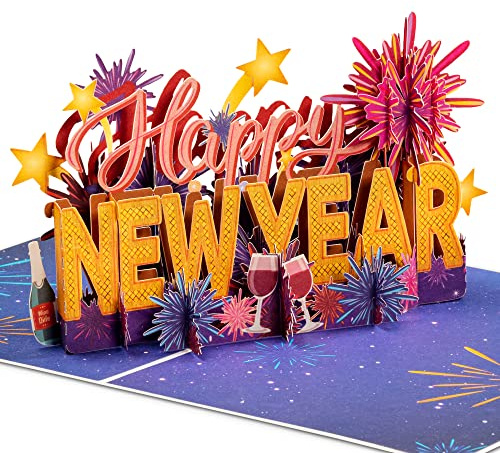 Paper Love Frndly 3D Happy New Year Pop Up Card, Handcrafted - 100% Recycled and Eco-Friendly, 8 x 6 Cover - with Note Tag
