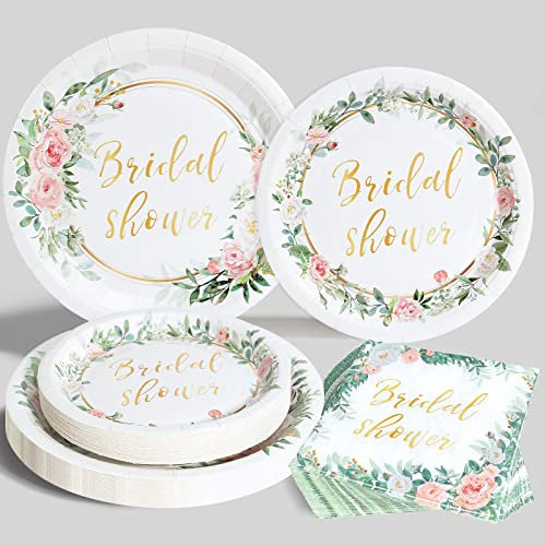 QIFU Assiette Jetable Mariage Pour 24 Invités, Vaisselle Fille, Fournitures Florales Pour La Fête, Assiette Carton Blanche Rose Four Fête De Bridal Shower Decoration Mariage