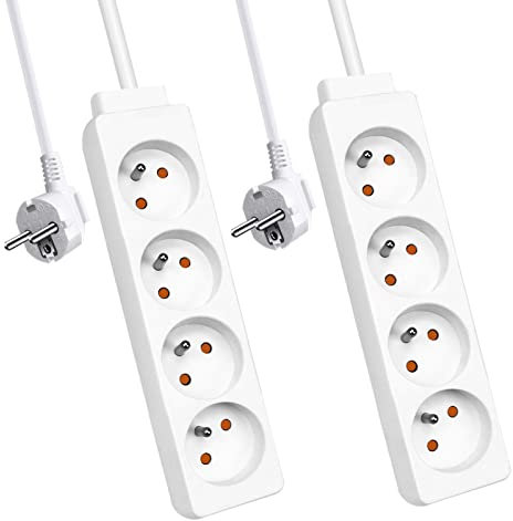 EXTRASTAR Multiprise, Bloc Multiprise 4 Prises 16A Blanc, Multiprise Electrique rallonge multiprises H05VV-F,3G1.0mm2, 1.5M - Lot de 2