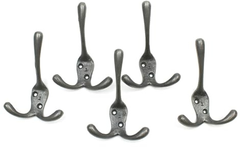 Oakcrafts Cast Iron Victorian Triple Coat Hook - Pack of 5 Hooks with Fixing Screws