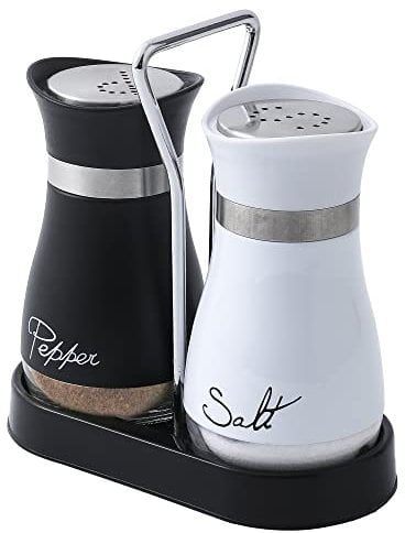 Salt and Pepper Shakers Set, Stainless Steel with Glass Bottle for Table, RV, Camp, BBQ, Set of 2, Black and White