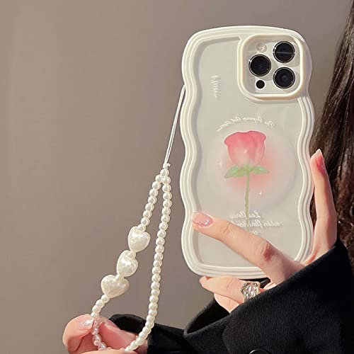 Bakicey Kompatibel mit iPhone 12 Hülle mit Perlen Armband Design Aesthetic Rose Blumen Gewellt Handyhülle Frauen Süßes Muster Glitzer Pearl Kameraschutz Case für iPhone 12