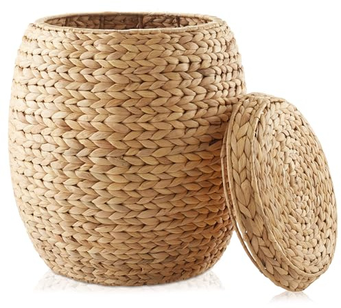 Casafield Round Storage Basket with Lid - Natural, Handwoven Water Hyacinth Organizer for Laundry, Blankets, Plants, Bedroom, Living Room, Home Office