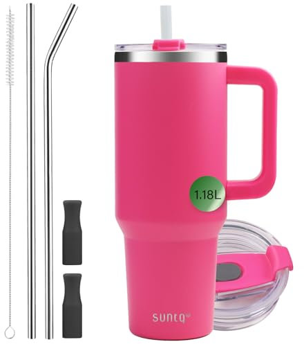 SUNTQ Tasse de 1180 ml avec poignée, bouteille d'eau isotherme à double paroi sous vide avec paille et couvercle, en acier inoxydable, tasse à café de voyage, pour boissons, adaptée au porte-gobelet