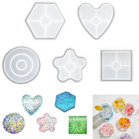 CAREDGO 5 Piezas Moldes para Resina Epoxi para Manualidades Moldes de Posavasos para Resina Epoxi Moldes de Silicona para Resina Epoxi Cuadrado Redondo Hexagonal y en Forma de Corazón y de Flor