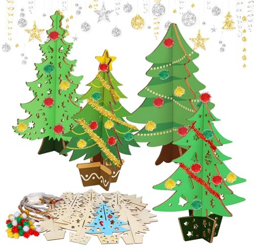 LOOPES 10 Set Weihnachtsbasteln Kinder 3D Weihnachten Baum Holz zum basteln DIY Christmas Trees Bastelset Kindergeburtstag Basteln für Mitgebsel Weihnachten Kinder Geburtstag Geschenk Kinderzimmer