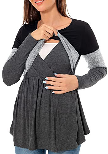 Briskorry Damen Stillpullover Winter Warm Baumwolle Langarm Streifen Drucken Zweilagiges Stillen Hoodie Sweatshirt mit Taschen für Schwangerschaft Basic Stillzeit Umstandsmode Stillshirts Mit Kapuze