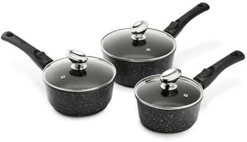 Pradel Excellence - PCUI001031-3 Casseroles Fonte d'Aluminium Ø16,18,20cm, Couvercles - Revêtement Anti-Adhésif Façon Pierre - Poignées Amovibles - Tout Feu