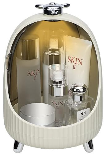 IOUGDSEC Skincare Makeup Organiser with Dustproof Lid, Milky White Desktop Cosmetic Storage with LED Light, Dressing Table Beauty Holder Box Moveable for Bathroom Cabinet Bedroom (S)