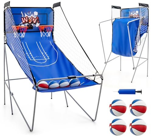 COSTWAY 8 in 1 Basketballautomat, elektrischer Baskeltballständer klappbar, Schießmaschine mit 4 Bällen, 8 Spielmodi, Luftpumpe für 2 Spieler, Arcade Basketballspiel für Kinder Erwachsene (Dunkelblau)