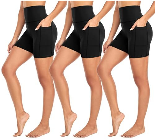 FuelMeFoot 3 Pack Damen Radlerhose mit Taschen kurze Leggings High Waist Shorts Sporthose kurze Blickdicht Yoga Shorts Laufhose.