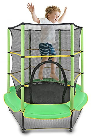 Kinder Trampolin Ø 140cm Indoor Kindertrampolin mit Sicherheitsnetz & gepolsterter Sicherheitsabdeckung, Draußen Trampolin für ab 3 Jahre, Gartentrampolin, Rot & Gelb