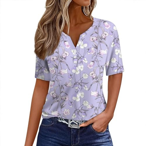 RMBLYfeiye Temu Shop Kleidung Damen Leinenbluse Damen T Shirts Damen Sommer Crop Shirt Damen V Ausschnitt Damen Oberteil Sommershirts Damen Leicht Und Luftig Damen Blusen (Lila, XXL)