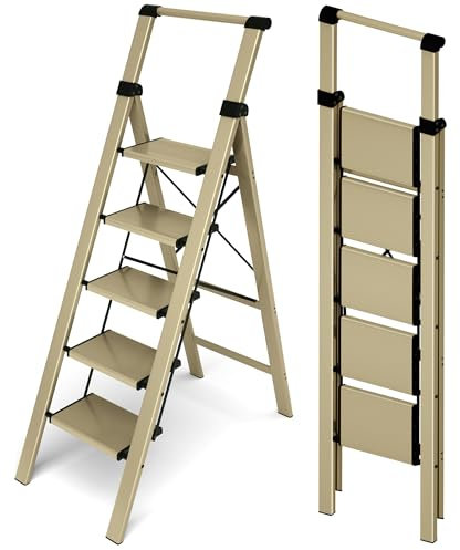 HillhutApex 5 Step Ladder, Aluminum Lightweight Folding 5 Step Stool with Anti-Slip Wide Pedal, 330lbs Capacity Steel Ladder for Household and Office
