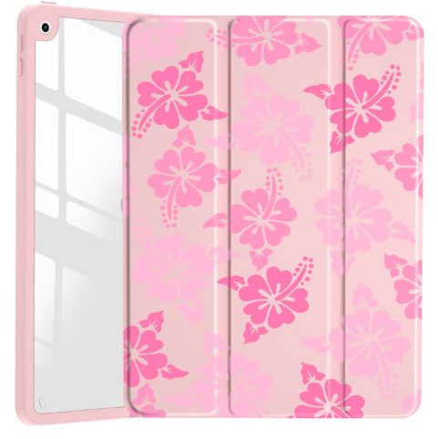 JOYLAND Pink Hibiscus Flower Pattern Case for iPad (A16) 11th Gen 2025 11-inch/10th Gen 2022 10.9 inch, Clear Acrylic Hard Back Case with Pencil Holder Trifold Stand Tablet Cover for Women