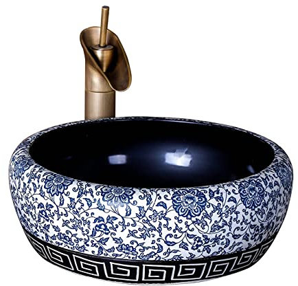 Waschbecken Keramik-Waschbecken fürs Badezimmer, traditionelles Jingdezhen-Waschbecken in Blau und Weiß über der Theke, rundes Waschbecken, 41,9 x 41,9 cm, Waschbecken, Waschschüssel Aufsatzwaschbecke