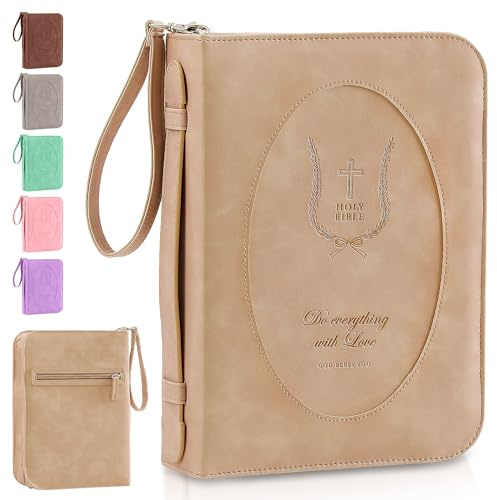 Bibelhülle aus Leder für Damen, florales Bibeletui mit Griff, Hellbraun | Bibelstudium, Kirche, Journaling & Reisen