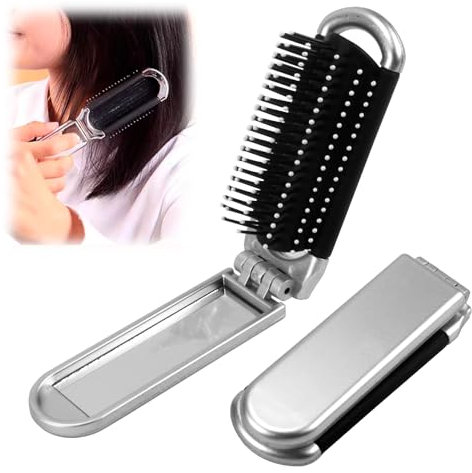 Faltbare Reise-Haarbürste mit Spiegel - Mini Haarbürste für unterwegs, Klappbarer Haarkamm mit abnehmbarem Spiegel, Tragbarer Silberner Haarstyling-Kamm für Männer, Mädchen und Frauen