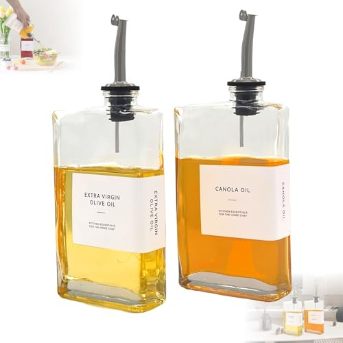 Lot de 2 Oil and Vinegar Bottle Set for Kitchen, 350 ml Verseur Huile d'olive, Bouteille Huile Olive Bec Verseur, Avec étiquette, Deux Verseurs, Adaptées Pour Cuisine, Grill, Cuisine (Argent)