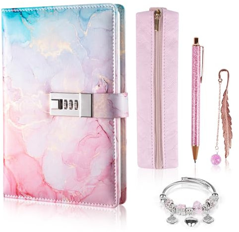 Zoelele Tagebuch mit Schloss für Mädchen, Weihnachts Geschenke für Mädchen 7 8 9 10 11 12 13 Jahre, Notizbüch mit Code Stift Mäppchen Lesezeichen Armband, Geburtstag Geschenke Alter 6-14 (Rosa)